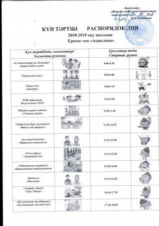 Күн тәртібі. "Ақжелкен" ересек тобы.